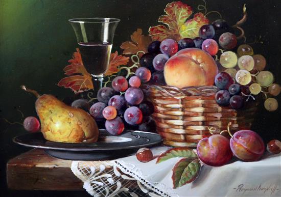 Raymond Campbell (b.1956) Table top still life with fruit in a basket and wine glass 11.25 x 15.25in.